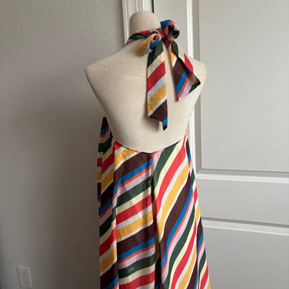 Ganni Rainbow Stripe Light Chiffon Halter Coverup Maxi Dress Georgette 6 - Picture 8 of 13